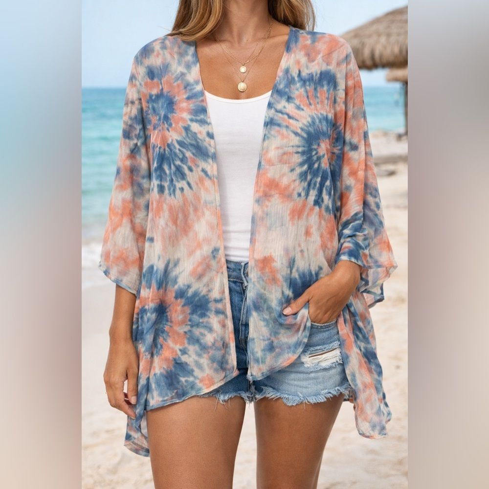 Peach Love California Tie Dye Kimono Cardigan Blue Coral Boho Beach Cover Up